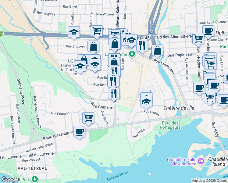 map of restaurants, bars, coffee shops, grocery stores, and more near 53 Boulevard Saint-Joseph in Gatineau
