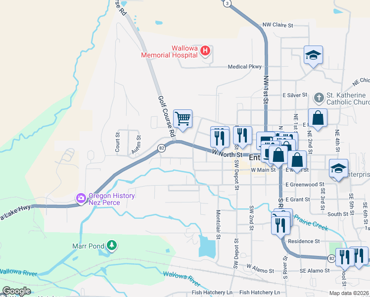 map of restaurants, bars, coffee shops, grocery stores, and more near 110 North Holmes Street in Enterprise