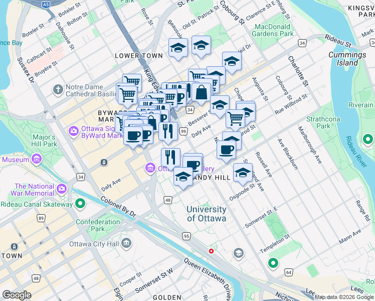 map of restaurants, bars, coffee shops, grocery stores, and more near 89 Stewart Street in Ottawa