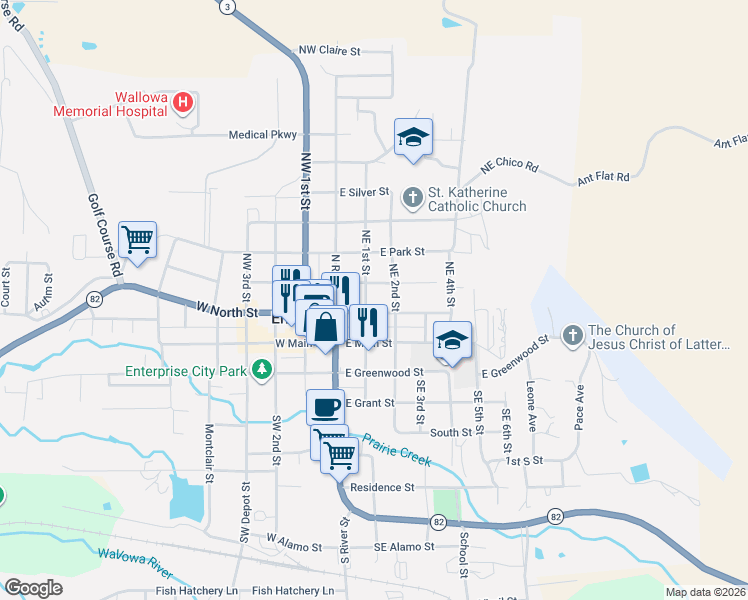 map of restaurants, bars, coffee shops, grocery stores, and more near 203 Northeast 1st Street in Enterprise