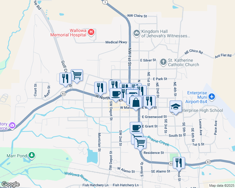 map of restaurants, bars, coffee shops, grocery stores, and more near 302 Northeast 2nd Street in Enterprise