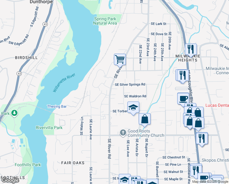 map of restaurants, bars, coffee shops, grocery stores, and more near 1714 Southeast Silver Springs Road in Milwaukie