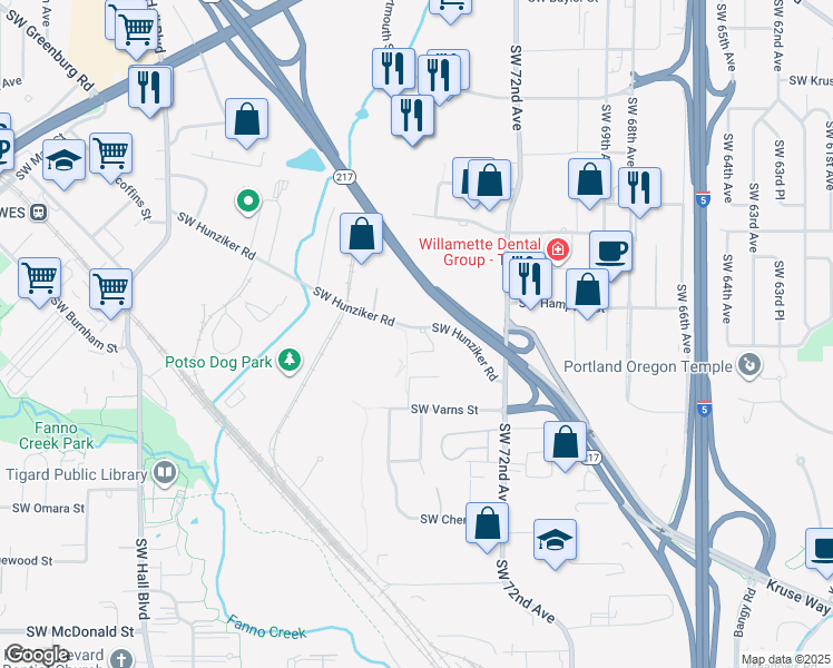map of restaurants, bars, coffee shops, grocery stores, and more near 12805 Southwest 77th Place in Tigard