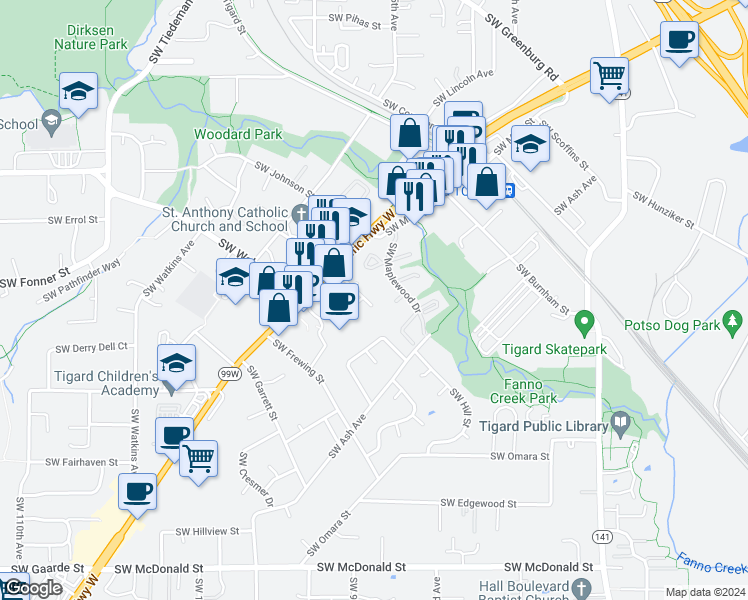 map of restaurants, bars, coffee shops, grocery stores, and more near 9305 Southwest Maplewood Drive in Portland