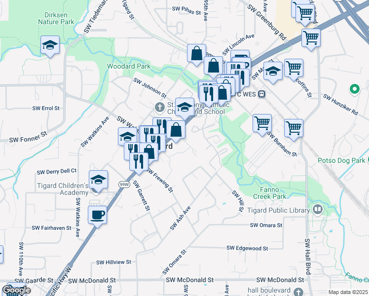 map of restaurants, bars, coffee shops, grocery stores, and more near 12720 Southwest Pacific Highway in Tigard