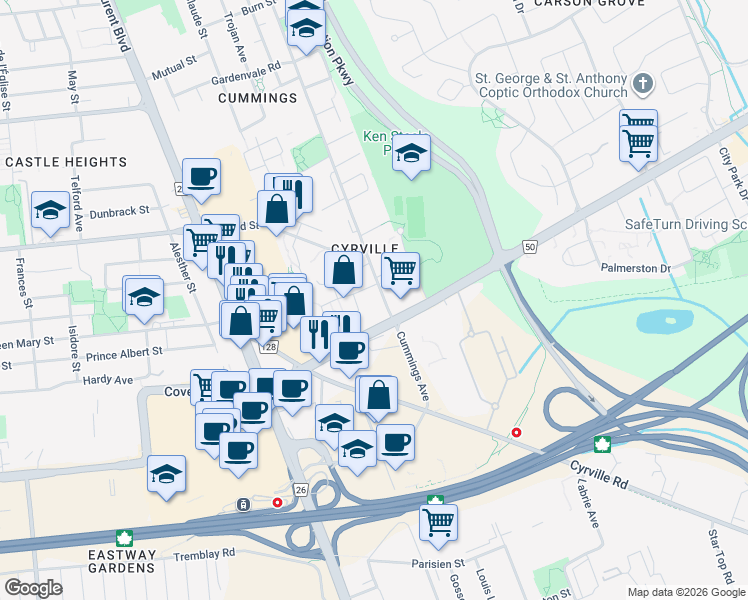 map of restaurants, bars, coffee shops, grocery stores, and more near in Ottawa