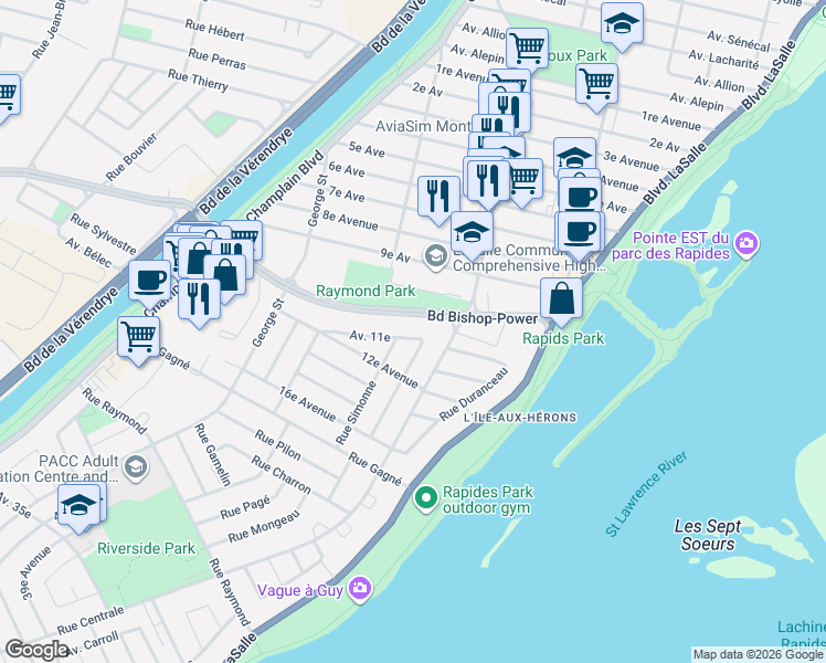 map of restaurants, bars, coffee shops, grocery stores, and more near 505 Avenue 11e in Montréal