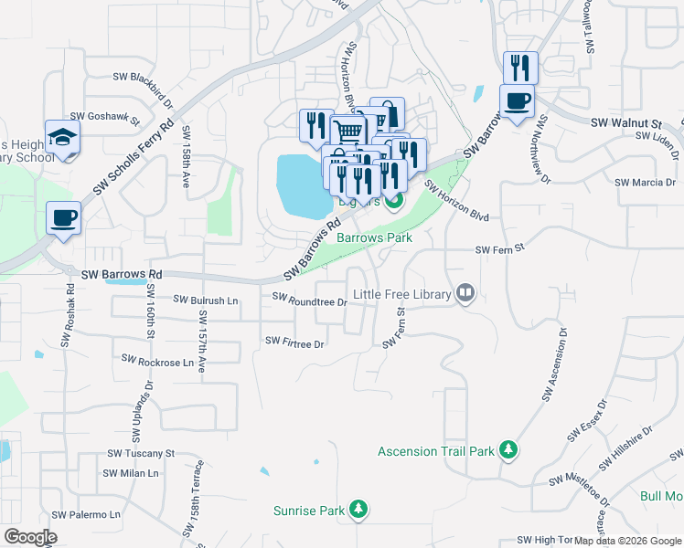 map of restaurants, bars, coffee shops, grocery stores, and more near 12921 Southwest Kameron Way in Tigard