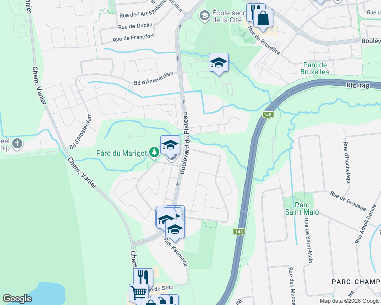 map of restaurants, bars, coffee shops, grocery stores, and more near 819 Boulevard du Plateau in Gatineau
