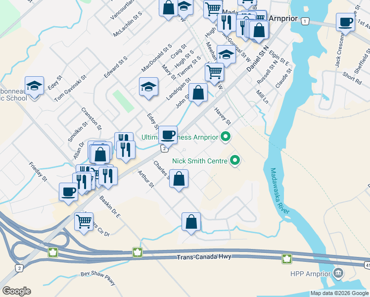 map of restaurants, bars, coffee shops, grocery stores, and more near 6 Morrall Court in Arnprior