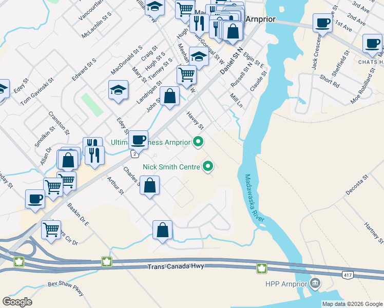 map of restaurants, bars, coffee shops, grocery stores, and more near 53 James Street in Arnprior