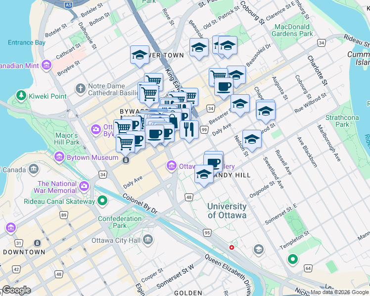 map of restaurants, bars, coffee shops, grocery stores, and more near 83 Daly Avenue in Ottawa