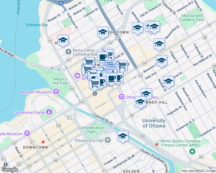 map of restaurants, bars, coffee shops, grocery stores, and more near 152 Ottawa 34 in Ottawa