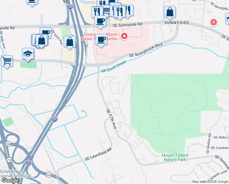 map of restaurants, bars, coffee shops, grocery stores, and more near 9908 Southeast Talbert Street in Clackamas