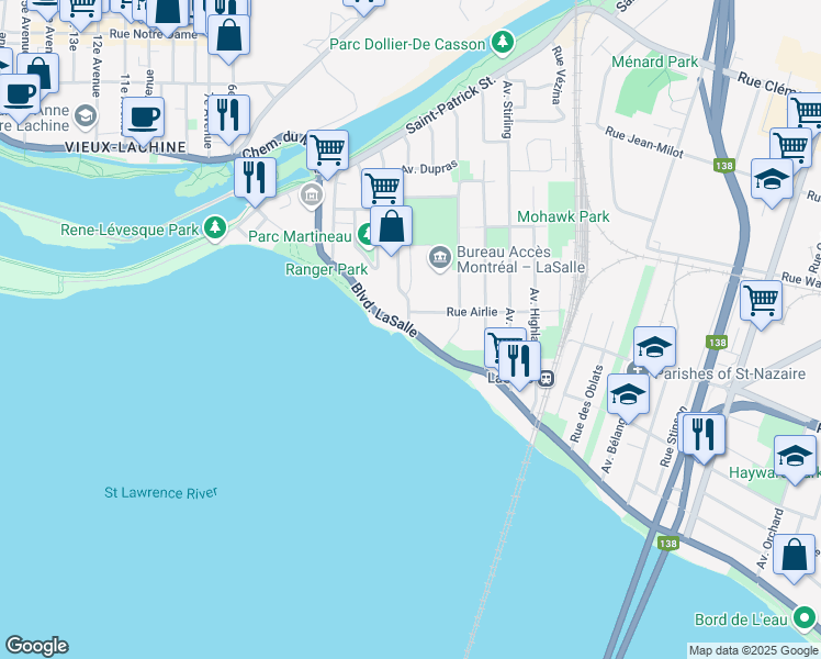 map of restaurants, bars, coffee shops, grocery stores, and more near 9735 Boulevard Lasalle in Montréal