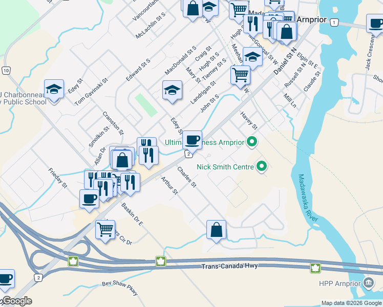 map of restaurants, bars, coffee shops, grocery stores, and more near 258 Daniel Street South in Arnprior