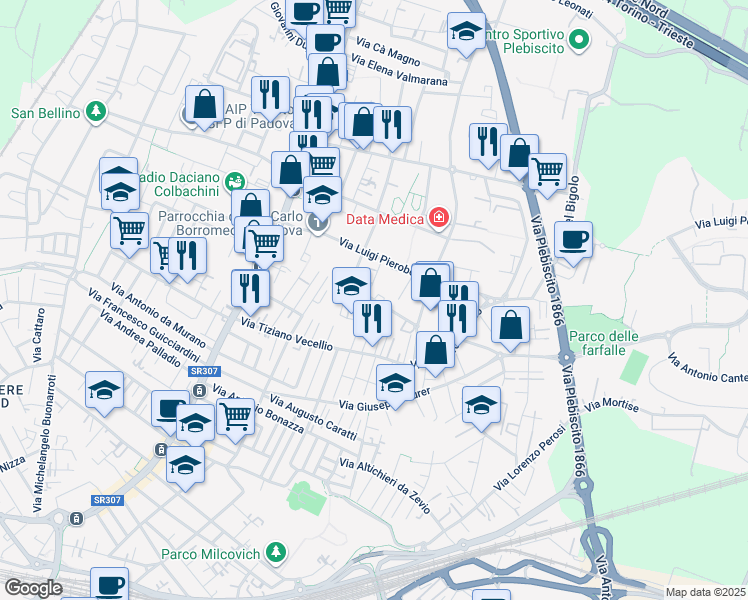 map of restaurants, bars, coffee shops, grocery stores, and more near Via Leonardo da Vinci in Padova