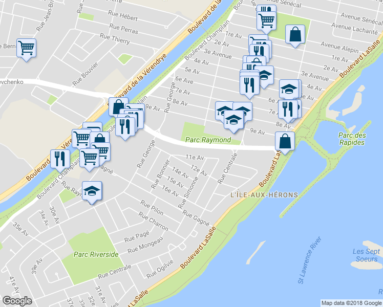 map of restaurants, bars, coffee shops, grocery stores, and more near 623 Avenue 11e in Montréal