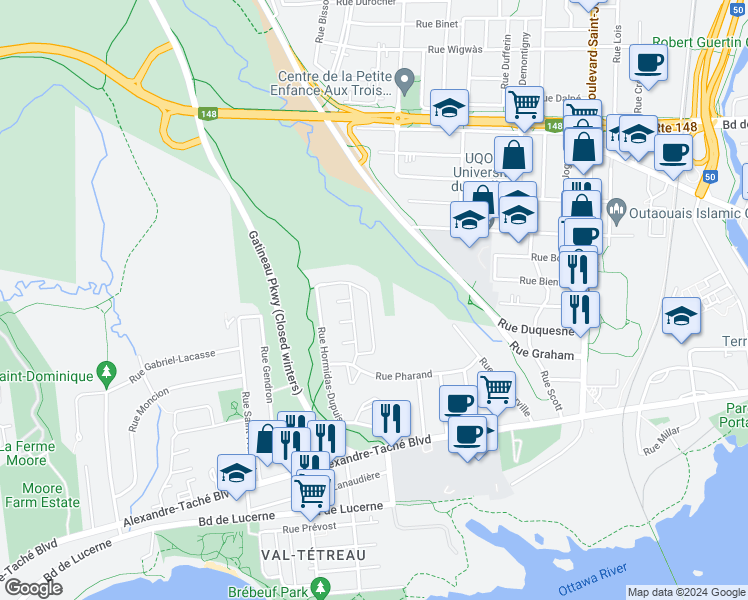 map of restaurants, bars, coffee shops, grocery stores, and more near 22 Rue Augustin-Thibault in Gatineau
