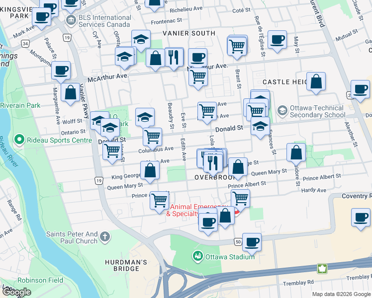 map of restaurants, bars, coffee shops, grocery stores, and more near 280 Columbus Avenue in Ottawa