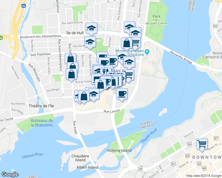 map of restaurants, bars, coffee shops, grocery stores, and more near 200 Promenade du Portage in Gatineau