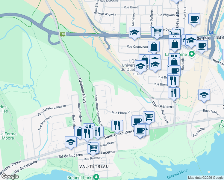 map of restaurants, bars, coffee shops, grocery stores, and more near 22 Rue Augustin-Thibault in Gatineau