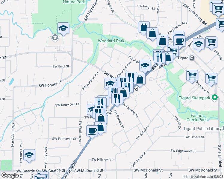 map of restaurants, bars, coffee shops, grocery stores, and more near 10030 Southwest Walnut Street in Portland