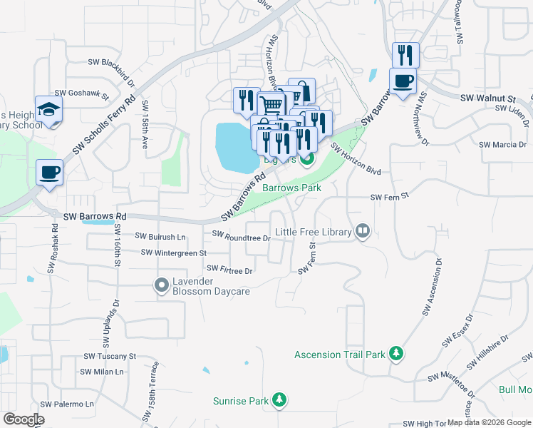 map of restaurants, bars, coffee shops, grocery stores, and more near 12921 Southwest Kameron Way in Tigard