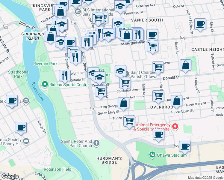 map of restaurants, bars, coffee shops, grocery stores, and more near in Ottawa
