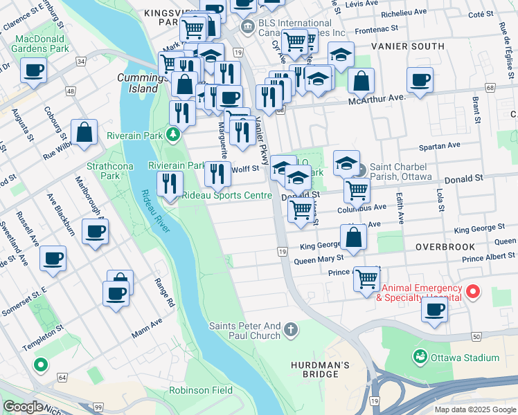map of restaurants, bars, coffee shops, grocery stores, and more near 113 Donald Street in Ottawa