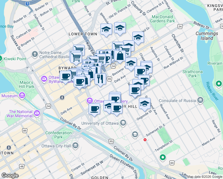 map of restaurants, bars, coffee shops, grocery stores, and more near 238 Besserer Street in Ottawa
