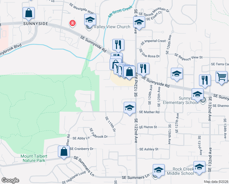 map of restaurants, bars, coffee shops, grocery stores, and more near 13284 Southeast 119th Court in Clackamas