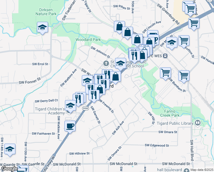 map of restaurants, bars, coffee shops, grocery stores, and more near in Tigard