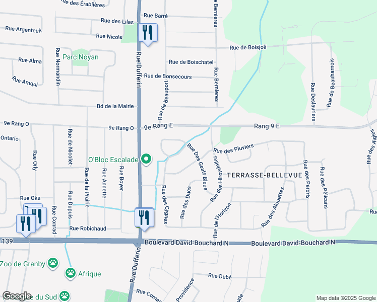 map of restaurants, bars, coffee shops, grocery stores, and more near 27 Rue des Geais Bleus in Granby
