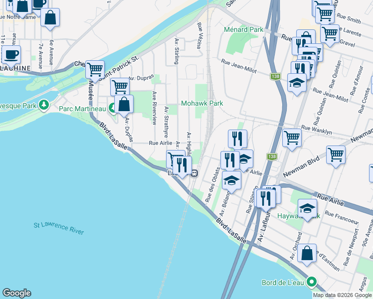 map of restaurants, bars, coffee shops, grocery stores, and more near 42 Avenue Highlands in Montréal