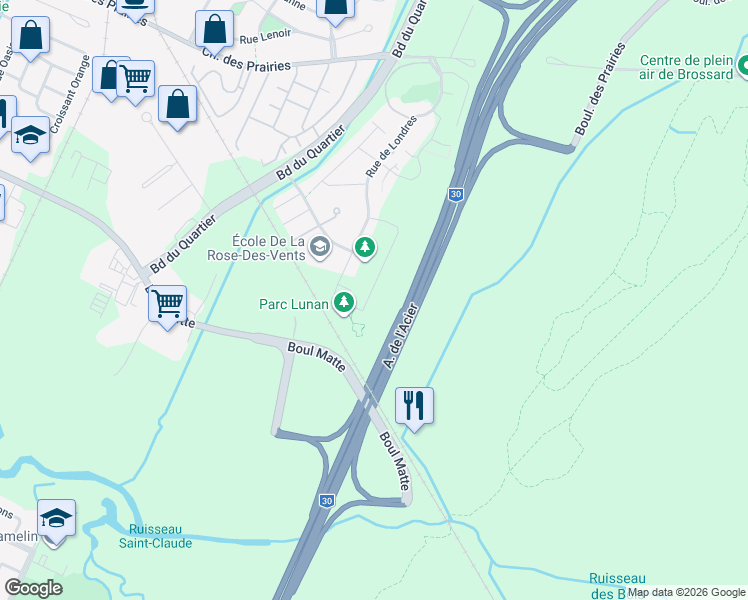 map of restaurants, bars, coffee shops, grocery stores, and more near 7275 Rue Lunan in Brossard