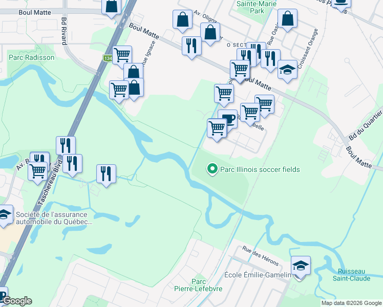 map of restaurants, bars, coffee shops, grocery stores, and more near 9802 Avenue Illinois in Brossard