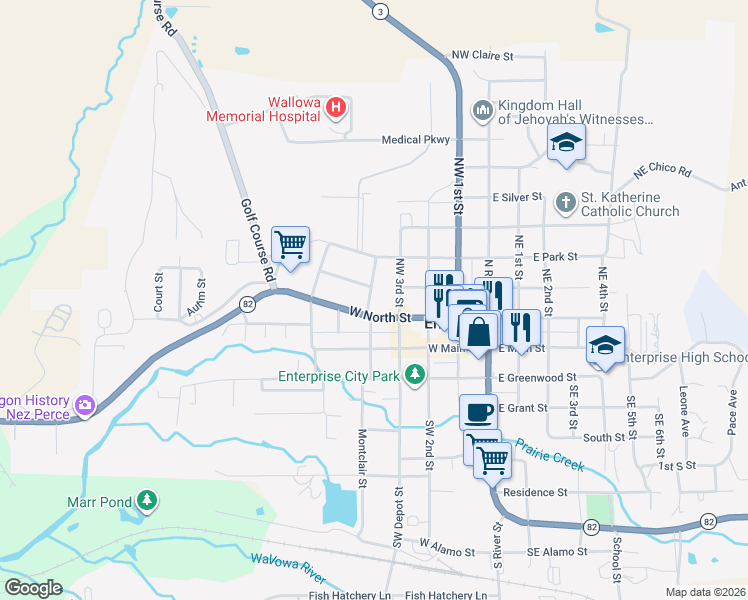 map of restaurants, bars, coffee shops, grocery stores, and more near 301 Northwest Robert Street in Enterprise