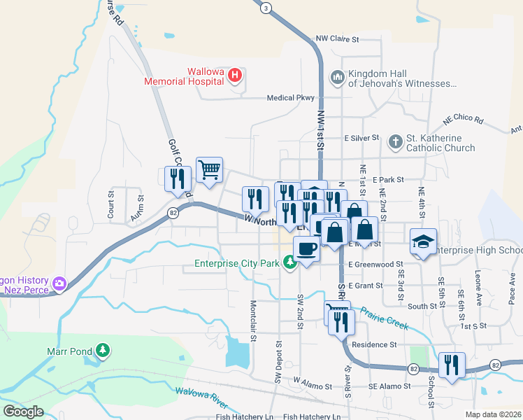 map of restaurants, bars, coffee shops, grocery stores, and more near Northwest Robert Street in Enterprise