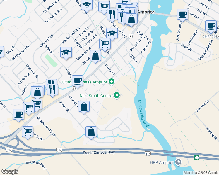map of restaurants, bars, coffee shops, grocery stores, and more near 53 James Street in Arnprior