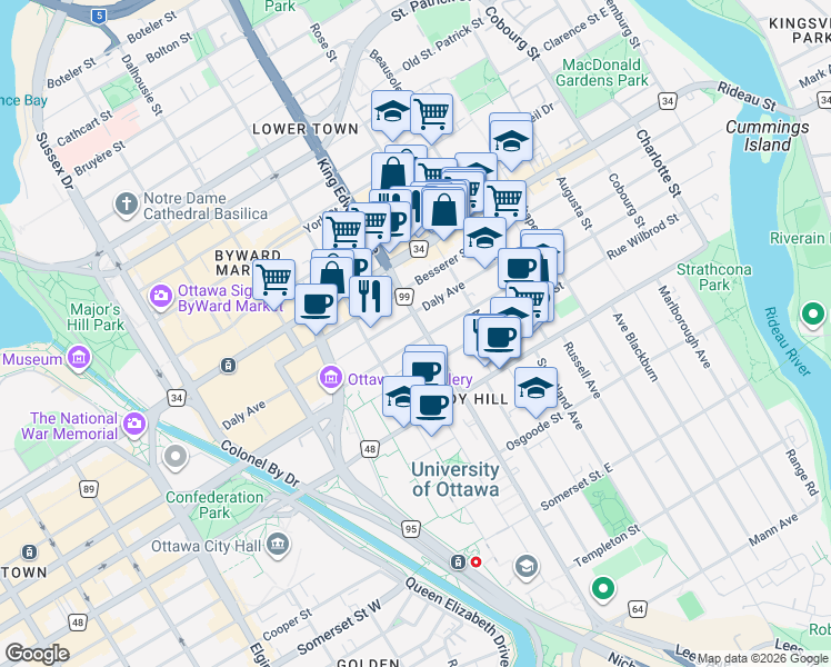 map of restaurants, bars, coffee shops, grocery stores, and more near 93 Stewart Street in Ottawa