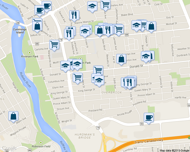 map of restaurants, bars, coffee shops, grocery stores, and more near 211 Columbus Avenue in Ottawa