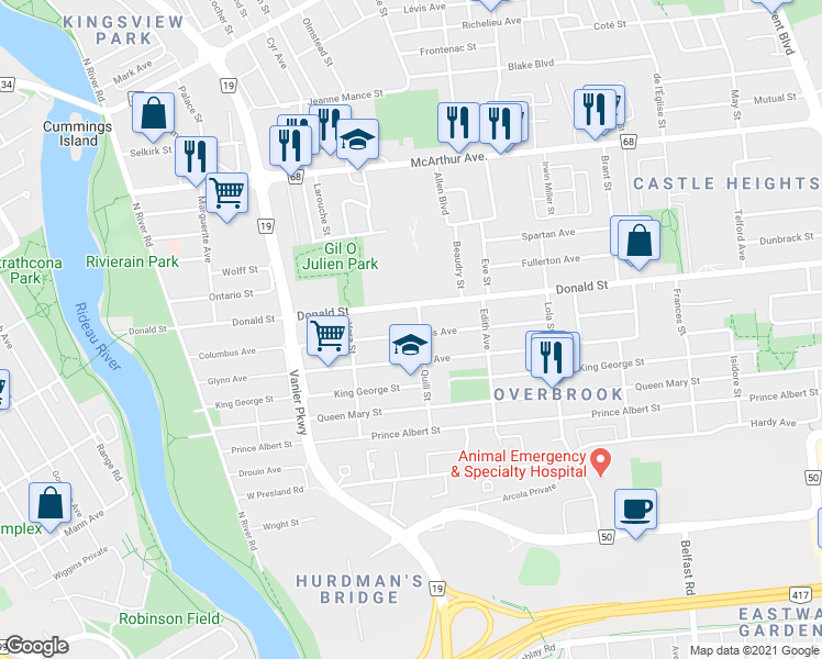 map of restaurants, bars, coffee shops, grocery stores, and more near 215 Columbus Avenue in Ottawa