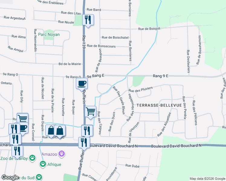 map of restaurants, bars, coffee shops, grocery stores, and more near 27 Rue des Geais Bleus in Granby