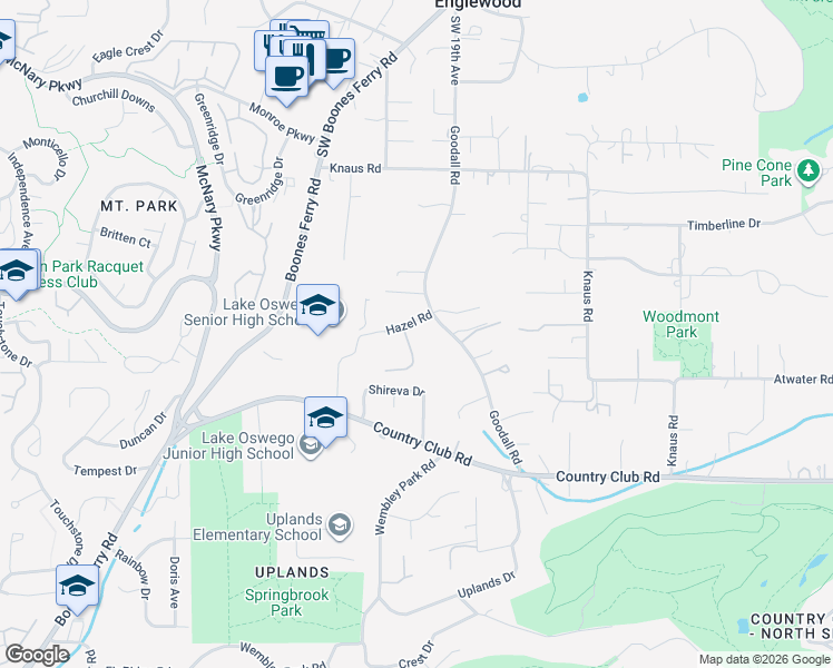 map of restaurants, bars, coffee shops, grocery stores, and more near 13601 Goodall Road in Lake Oswego