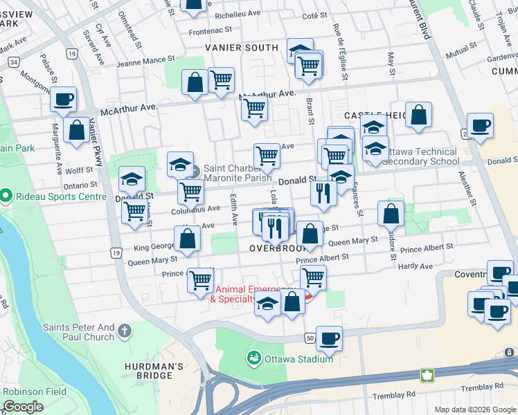 map of restaurants, bars, coffee shops, grocery stores, and more near 308 Columbus Avenue in Ottawa