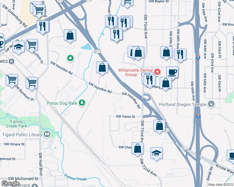 map of restaurants, bars, coffee shops, grocery stores, and more near 7420 SW Hunziker Rd in Tigard