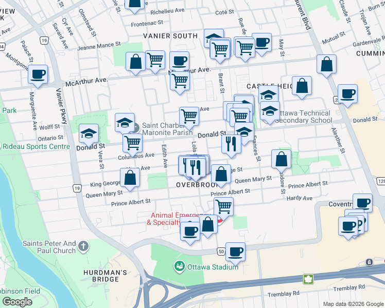 map of restaurants, bars, coffee shops, grocery stores, and more near 1012 Lola Street in Ottawa
