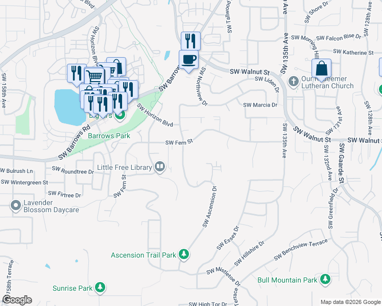 map of restaurants, bars, coffee shops, grocery stores, and more near 12871 Southwest Sunny Terrace in Tigard