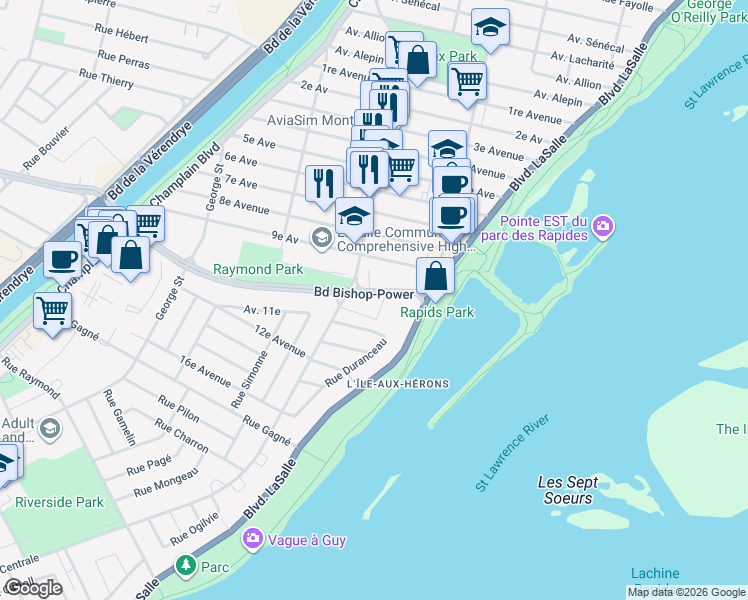 map of restaurants, bars, coffee shops, grocery stores, and more near 220 Boulevard Bishop Power in Montréal